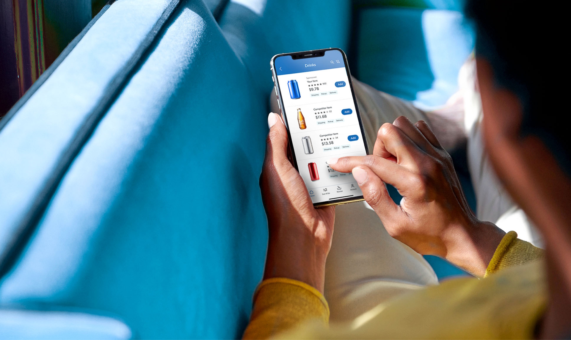 A person scrolls through items using the Sam's Club app on their phone.