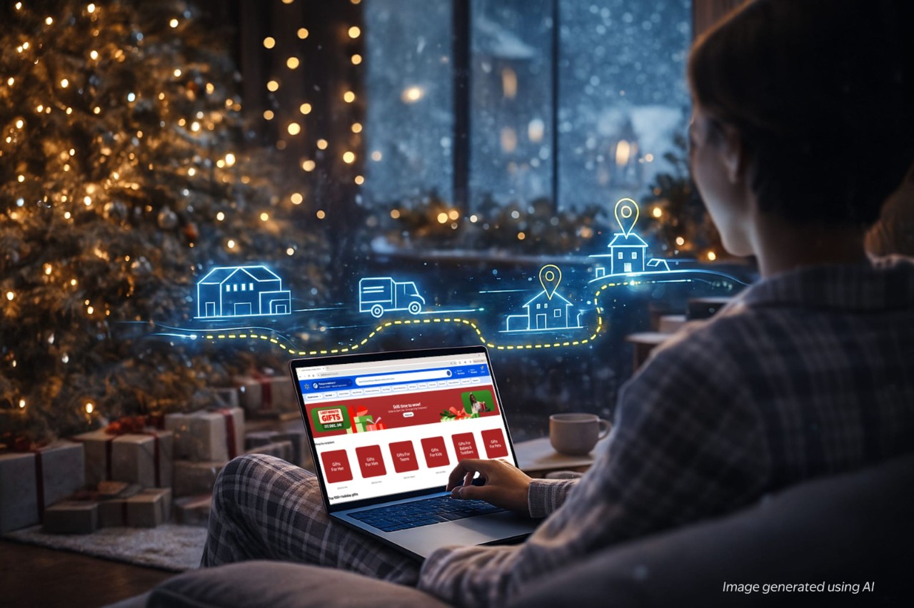 A shopper browses for last minute gifts on a laptop at home, with a Christmas tree and presents nearby. A digital graphic above the screen shows a delivery truck en route to houses. The image was generated using AI.
